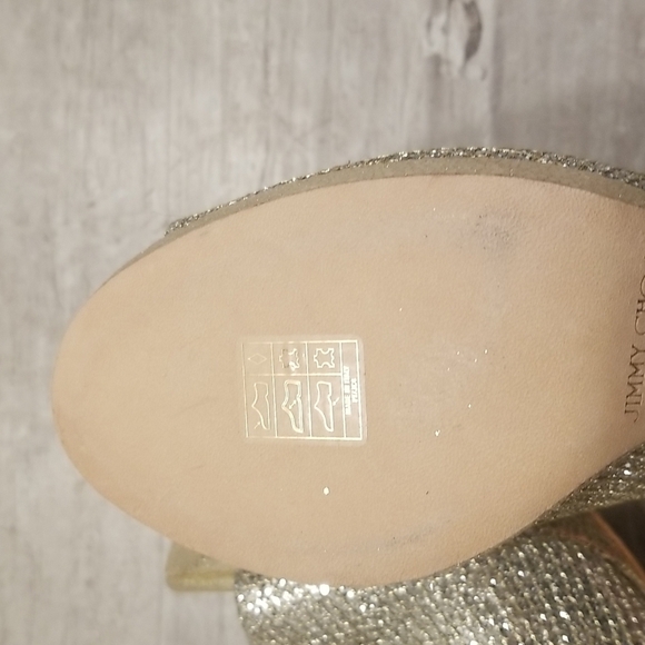 💕JIMMY CHOO💕 Metallic Luna 100 Champagne Glitter Fabric Peep Toe Platform Pump - Picture 16 of 16
